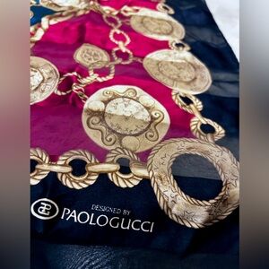 Vintage Paolo Gucci Silk Scarf – Large 33” x 33”, Medallion & Chains Design
